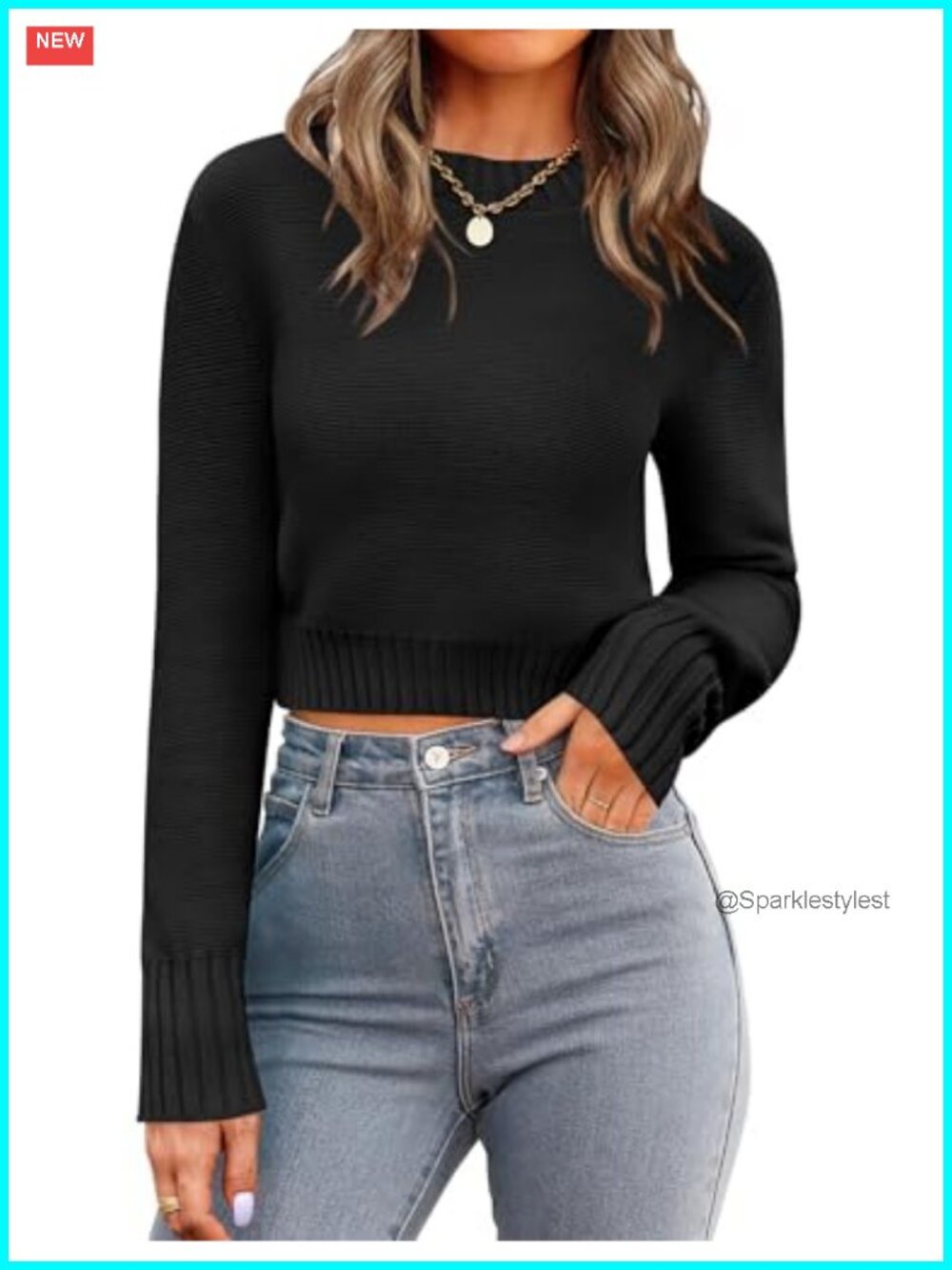 Cropped Crewneck Long Sleeve Knit Sweater Pullover